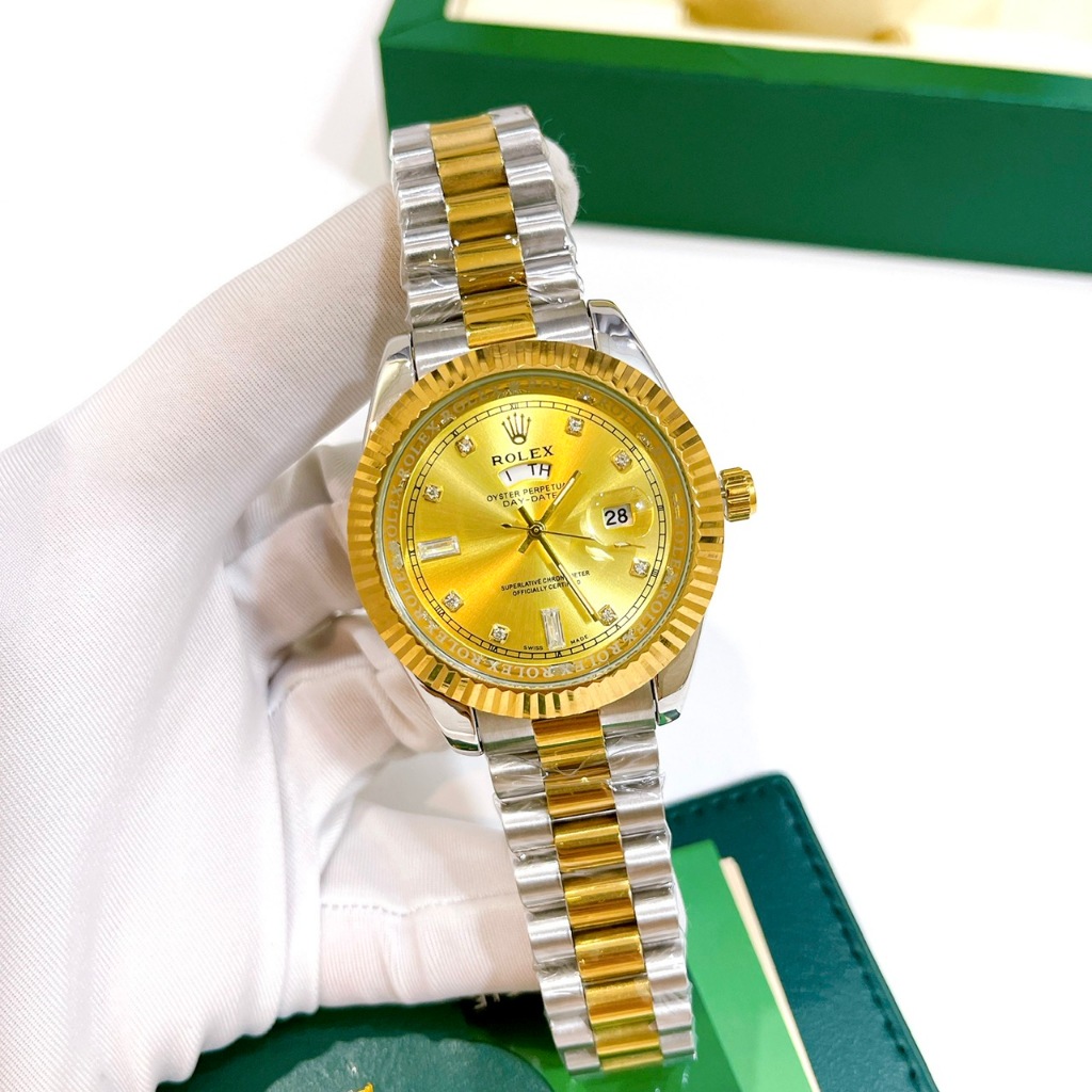 Đồng Hồ Nam Rolex Day Date, Size Mặt 40mm,Viền Băm, Dây Nguyên Khối, Kính Khoáng Chống Trày, Máy Pin, Bảo Hành 6 Tháng