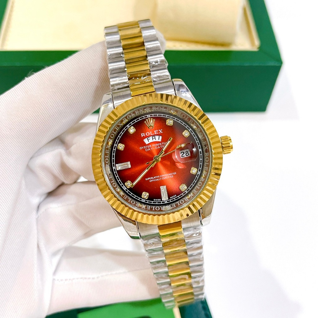 Đồng Hồ Nam Rolex Day Date, Size Mặt 40mm,Viền Băm, Dây Nguyên Khối, Kính Khoáng Chống Trày, Máy Pin, Bảo Hành 6 Tháng