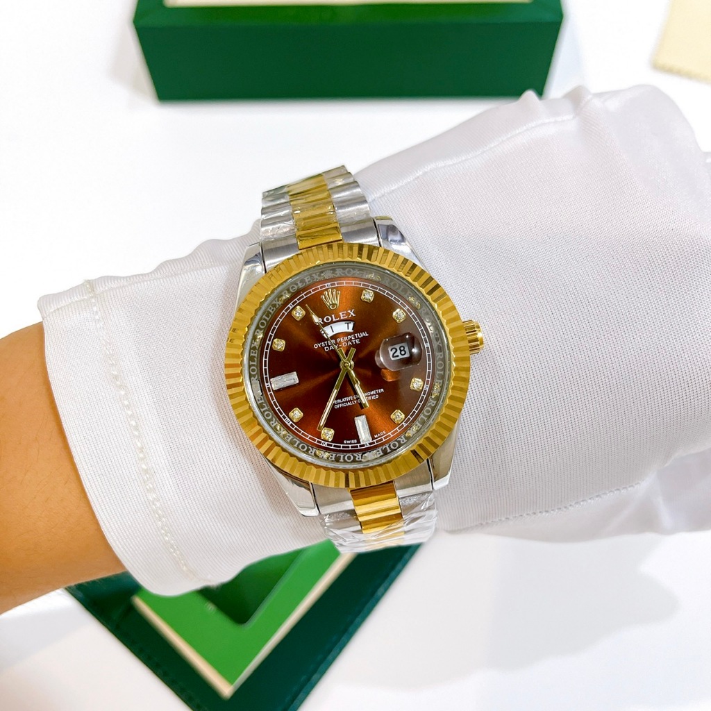 Đồng Hồ Nam Rolex Day Date, Size Mặt 40mm,Viền Băm, Dây Nguyên Khối, Kính Khoáng Chống Trày, Máy Pin, Bảo Hành 6 Tháng