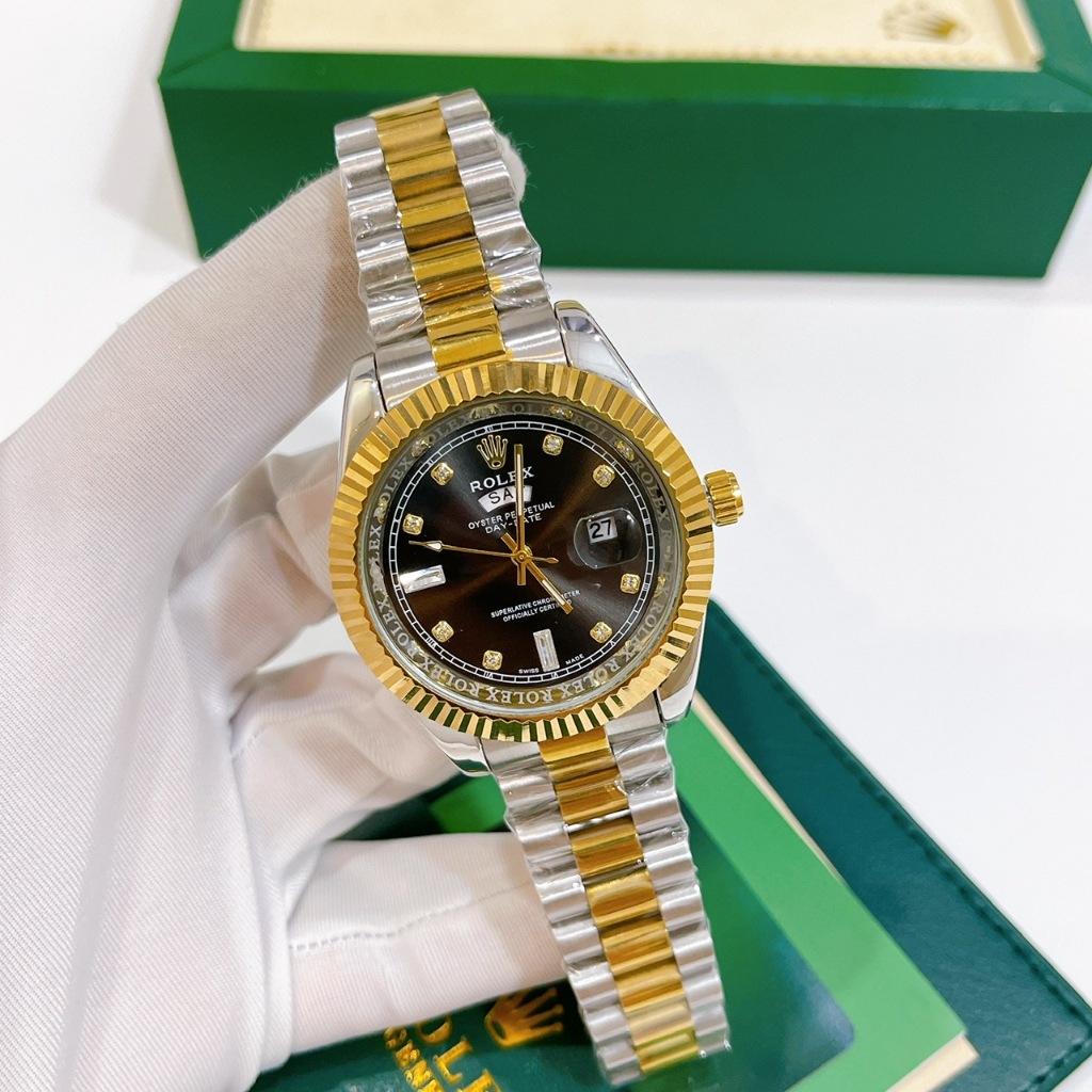 Đồng Hồ Nam Rolex Day Date, Size Mặt 40mm,Viền Băm, Dây Nguyên Khối, Kính Khoáng Chống Trày, Máy Pin, Bảo Hành 6 Tháng