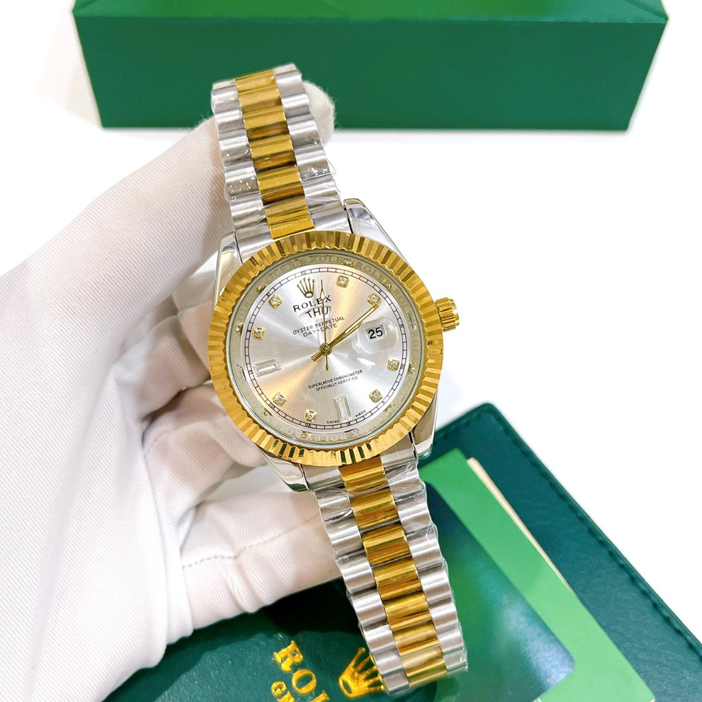 Đồng Hồ Nam Rolex Day Date, Size Mặt 40mm,Viền Băm, Dây Nguyên Khối, Kính Khoáng Chống Trày, Máy Pin, Bảo Hành 6 Tháng