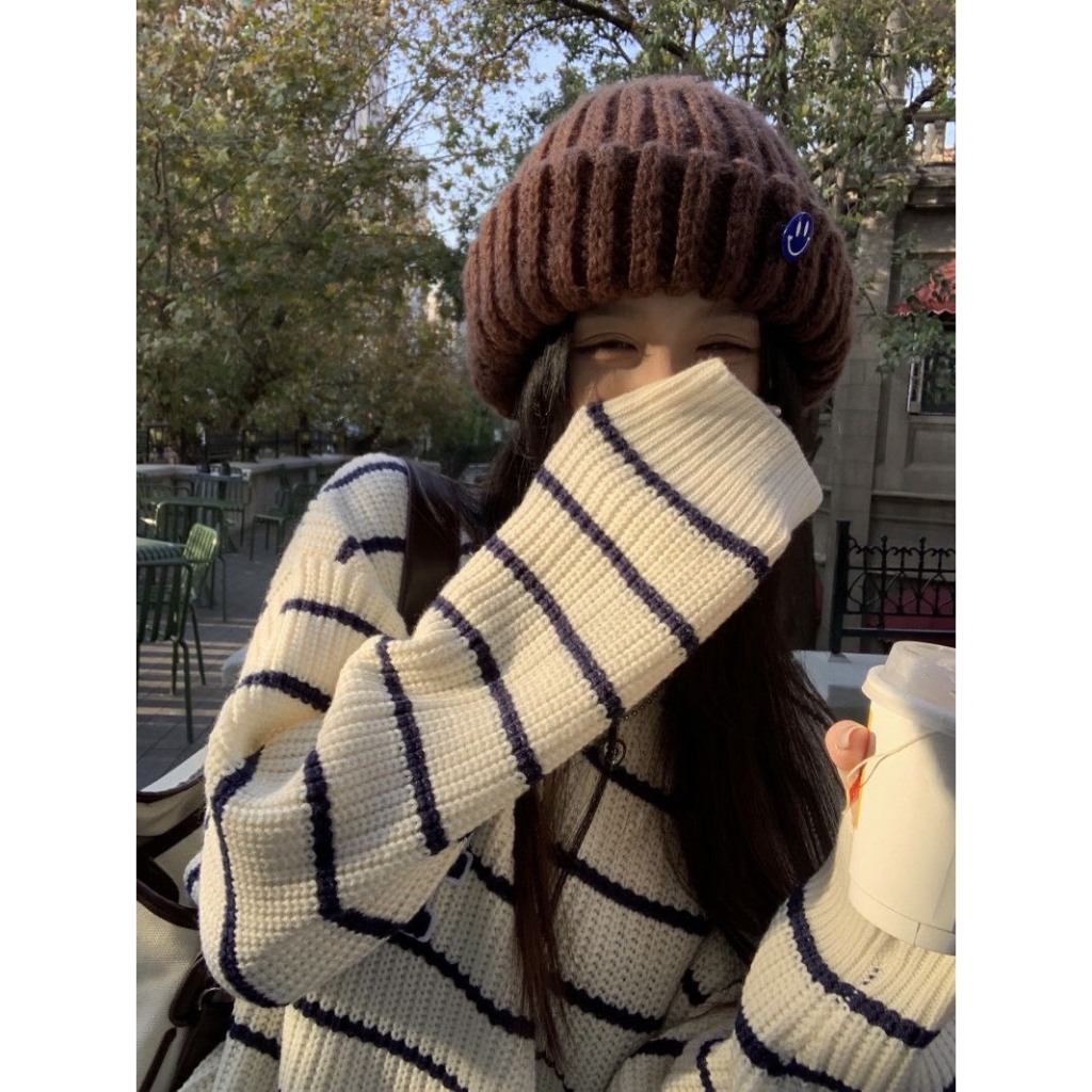 Áo Len Tay Dài Form Rộng Kẻ Sọc Thêu Chữ Phong Cách Hàn Quốc Thời Trang Thu Đông 2023