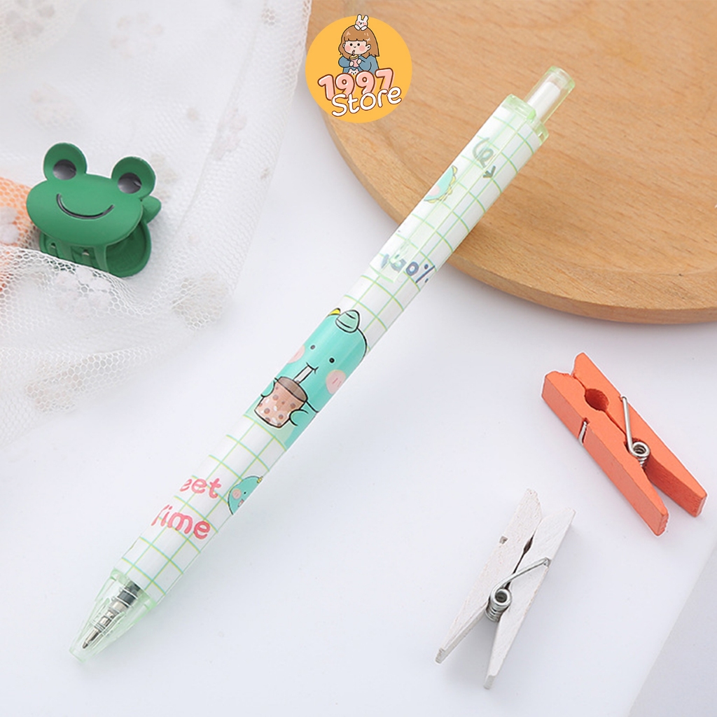 Bút bi bấm gel Khủng Long Ham Ăn Dễ Thương mực đen, Bút bi bấm gel in hình hoạt hình cute