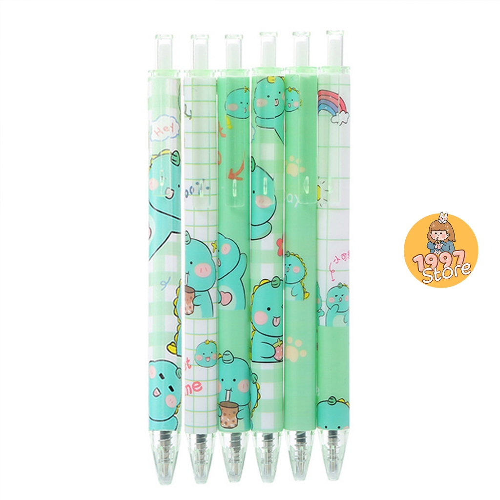 Bút bi bấm gel Khủng Long Ham Ăn Dễ Thương mực đen, Bút bi bấm gel in hình hoạt hình cute