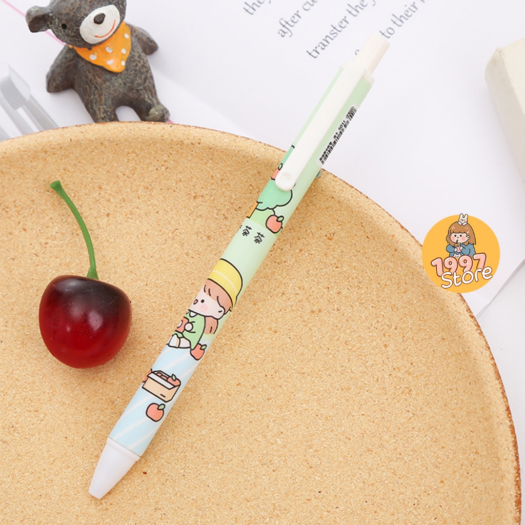 Bút bi bấm gel Happy Days Dễ Thương mực đen, Bút bi bấm gel in hình hoạt hình cute