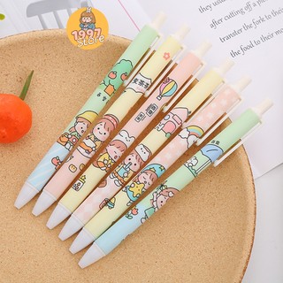 Bút bi bấm gel Happy Days Dễ Thương mực đen, Bút bi bấm gel in hình hoạt hình cute