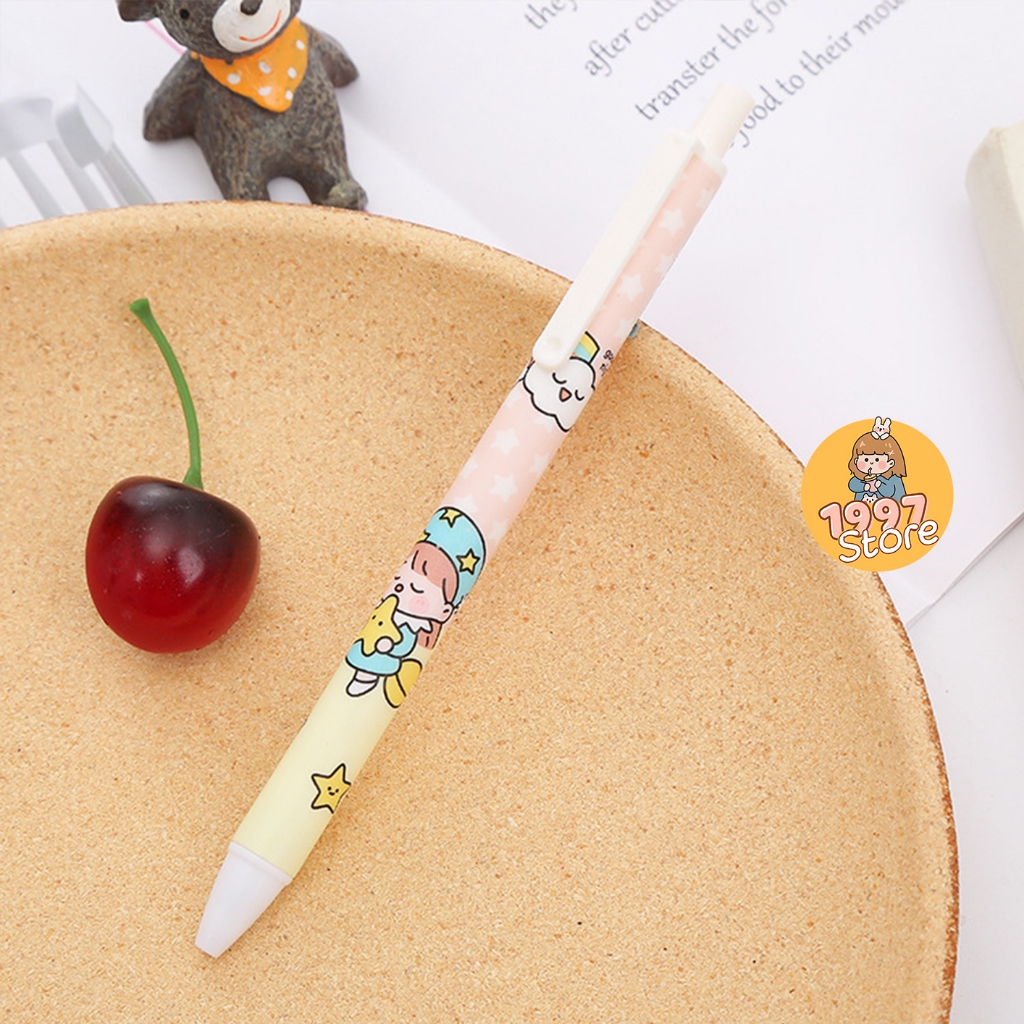 Bút bi bấm gel Happy Days Dễ Thương mực đen, Bút bi bấm gel in hình hoạt hình cute