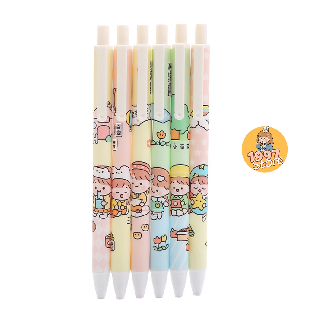 Bút bi bấm gel Happy Days Dễ Thương mực đen, Bút bi bấm gel in hình hoạt hình cute