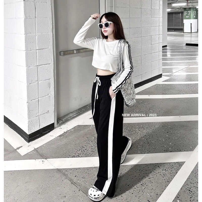Set Thể Thao Áo Tay dài Thun Gân Viền sọc Croptop Quần Suông MaM, Set Bộ Quần dài hiphop style