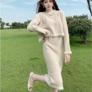 Đầm len nữ, Sét váy len gồm áo Sweater Dệt Kim Tay Dài Cổ Tròn và váy midi Thời Trang Thu Đông Kiểu Mới