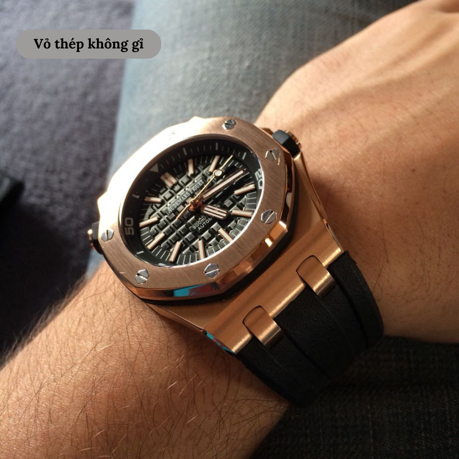 Đồng hồ cơ nam Audemars Piguet Offshore Watch 15410 mặt kính Mineral chống xước, chống nước, dây cao su đeo tay cao cấp