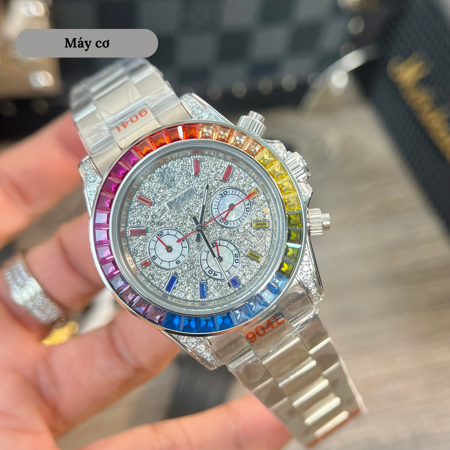 Đồng hồ cơ nam RLX Daytona Rainbow 116520 mặt kính Mineral chống xước, chống nước 5 ATM, dây thép đeo tay cao cấp