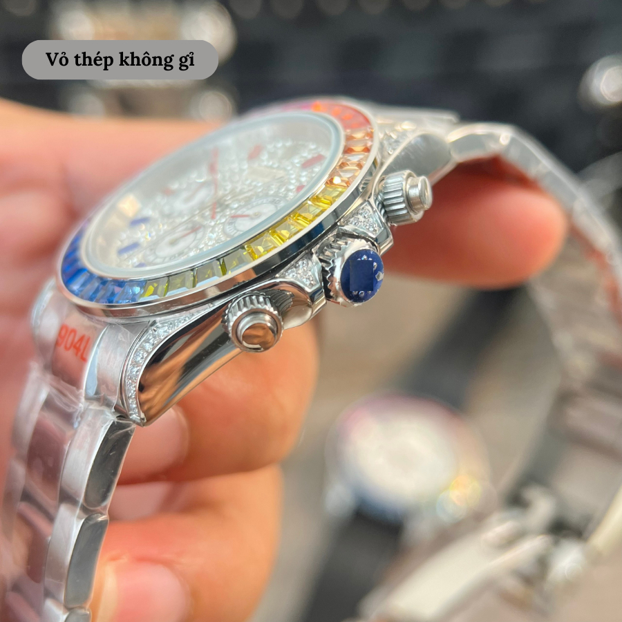 Đồng hồ cơ nam RLX Daytona Rainbow 116520 mặt kính Mineral chống xước, chống nước 5 ATM, dây thép đeo tay cao cấp