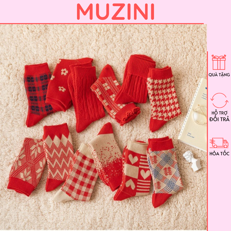 Tất cổ cao valentine nữ Muzini vớ valentine nữ cổ cao họa tiết kẻ đỏ thời trang Vintage Hàn Quốc TN301 V1