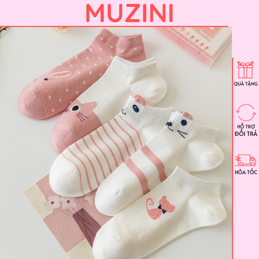 Tất nữ Muzini vớ cổ ngắn cotton họa tiết mèo hồng dễ thương TN105