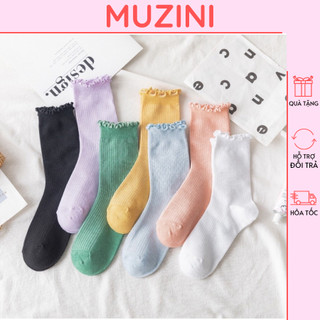 Tất Cổ Cao Muzini Nữ Bèo Nhún, Vớ Bèo Nhún Nữ Cổ Cao Màu Trơn Basic Thời Trang Vintage Hàn Quốc TN30