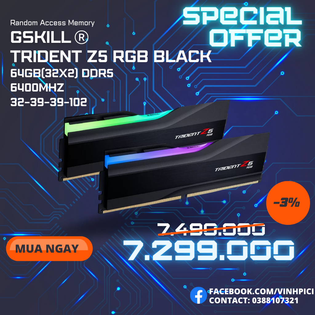 Ram G.SKILL TRIDENT Z5 RGB BLACK 64GB 6400MHz DDR5 (32GBx2) F5-6400J3239G32GX2-TZ5RK [NEW]