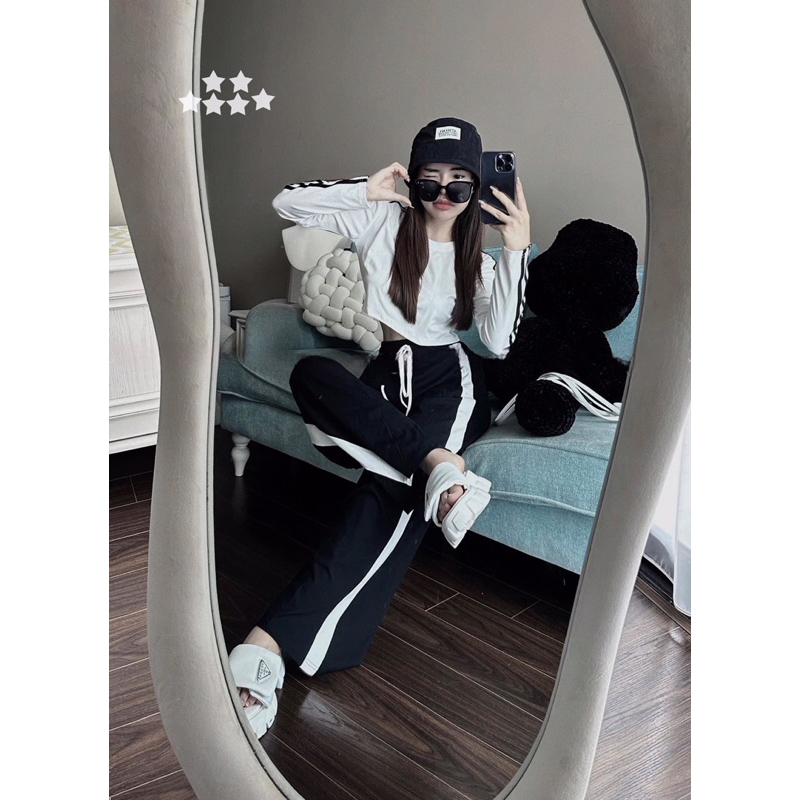 Set Thể Thao Áo Tay dài Thun Gân Viền sọc Croptop Quần Suông MaM, Set Bộ Quần dài hiphop style