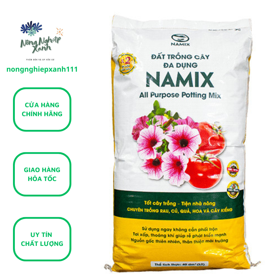 Đất trồng cây đa dụng Namix bao 40dm3 khoảng 22kg chuyên trồng:  Rau, củ, quả, hoa và cây kiểng