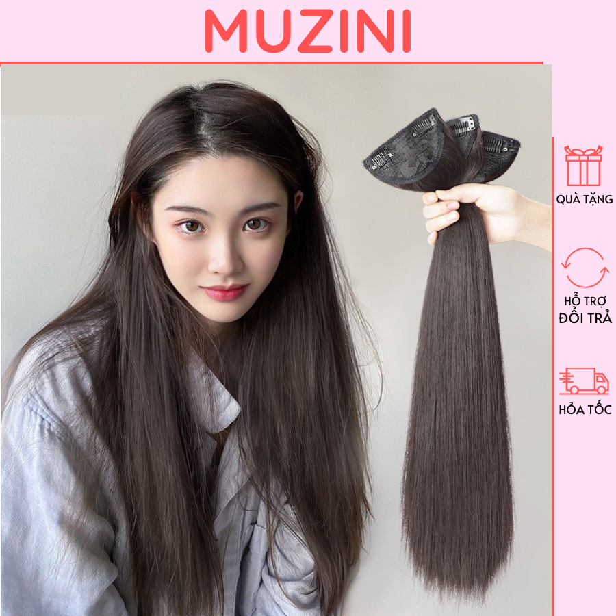 Set 3 dải kẹp Muzini tóc giả thẳng dài cao cấp làm phồng và dày tóc tự nhiên mềm đẹp TG19