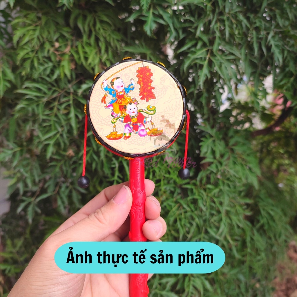 Trống lắc tay dân gian cho bé mầm non chơi trung thu bằng gỗ hoạ tiết