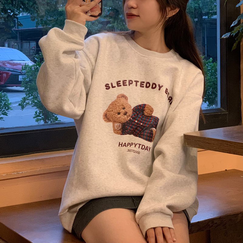Áo sweater nỉ bông Gấu TEDDY unisex màu tiêu sáng AMORSTUDIO nam nữ mặc được có size tới 85kg