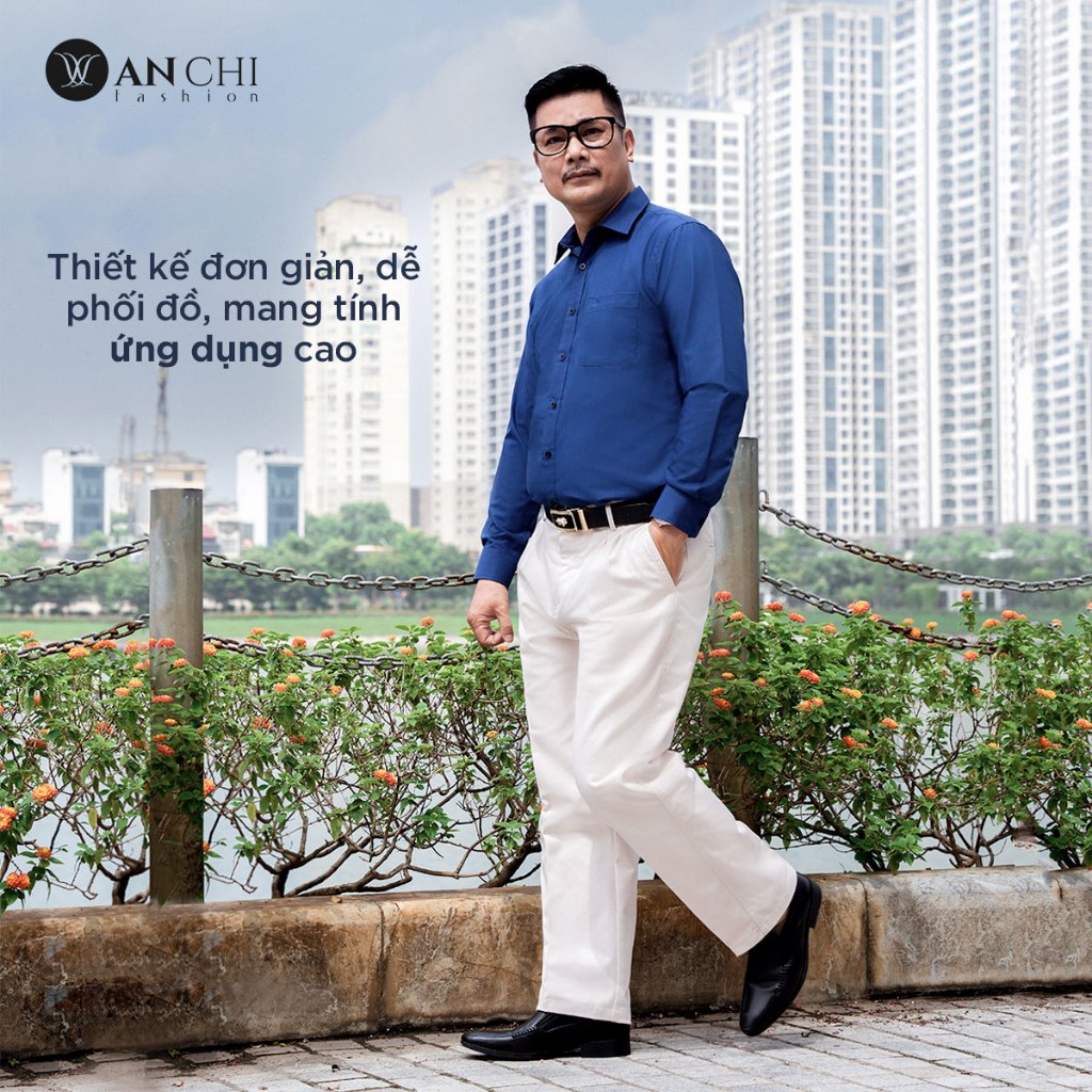 Áo Sơ Mi Nam Dài Tay Trung Niên ANCHI Classic Cotton Trơn Màu Xanh Than Cao Cấp