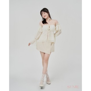  SUNIE® | JULIE - Set voan Chiffon cao cấp - Áo nhíu ngực phối dây đan nơ - Tay bèo rời - Chân váy chữ A xẻ đùi 