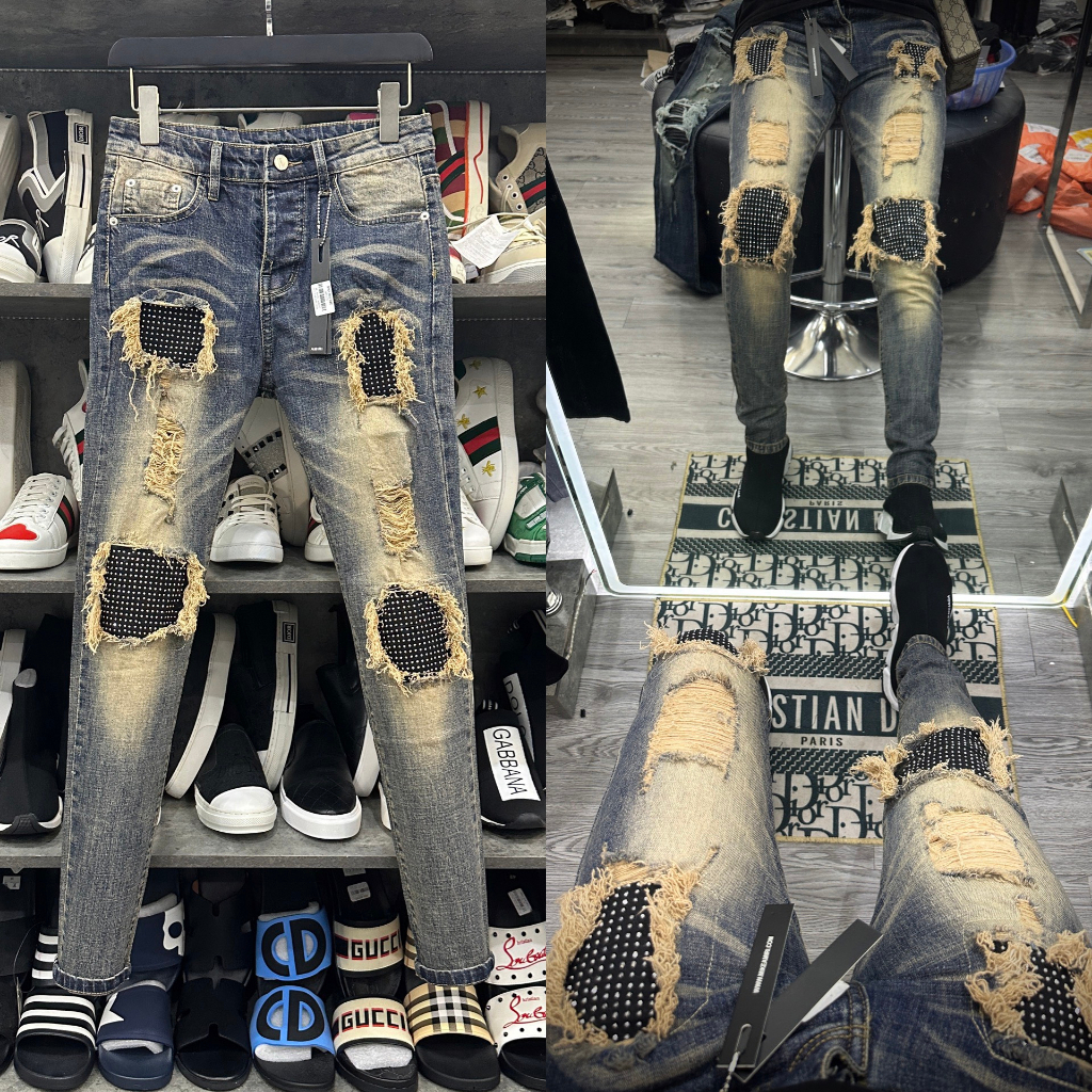 Quần AMIRI Vintage Xanh Rêu Đính Đá, Quần Jean Nam Amiri rách gối hoạ tiết đính đá thời trang