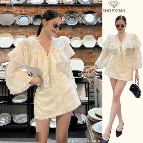 Set Áo Sơ Mi Bèo Tay Phồng Mix Chân Váy Ren Đính Hoa Nổi