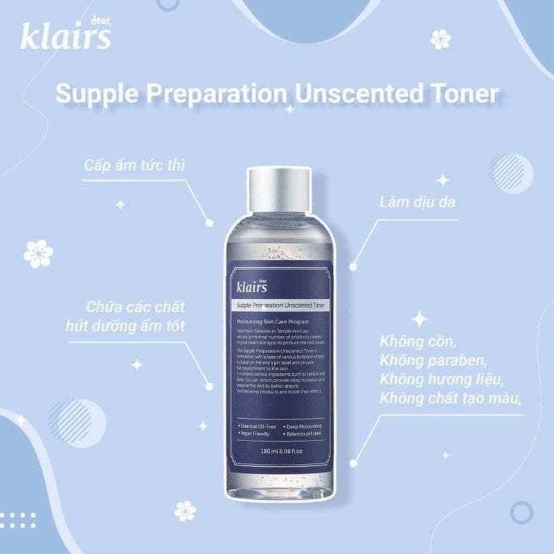Nước hoa hồng không mùi dưỡng ẩm, làm mềm da Dear, Klairs Supple Preparation Unscented Toner 180ml / Subeo beauty