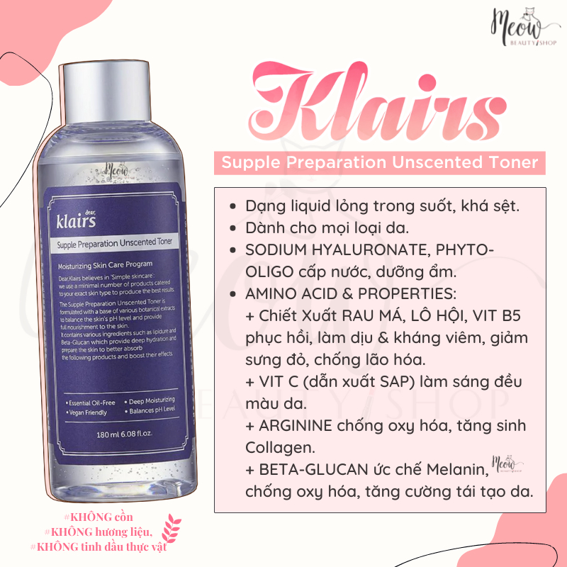 Nước hoa hồng không mùi dưỡng ẩm, làm mềm da Dear, Klairs Supple Preparation Unscented Toner 180ml / Subeo beauty
