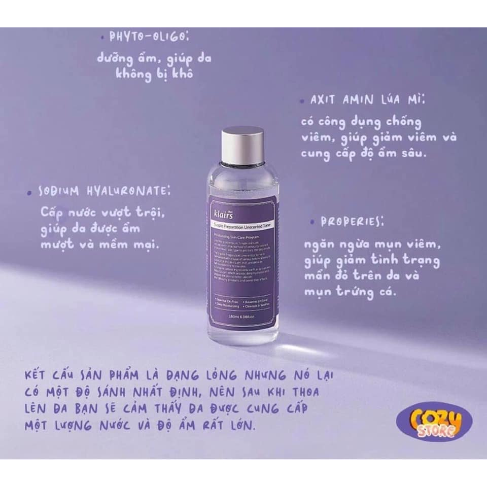 Nước hoa hồng không mùi dưỡng ẩm, làm mềm da Dear, Klairs Supple Preparation Unscented Toner 180ml / Subeo beauty