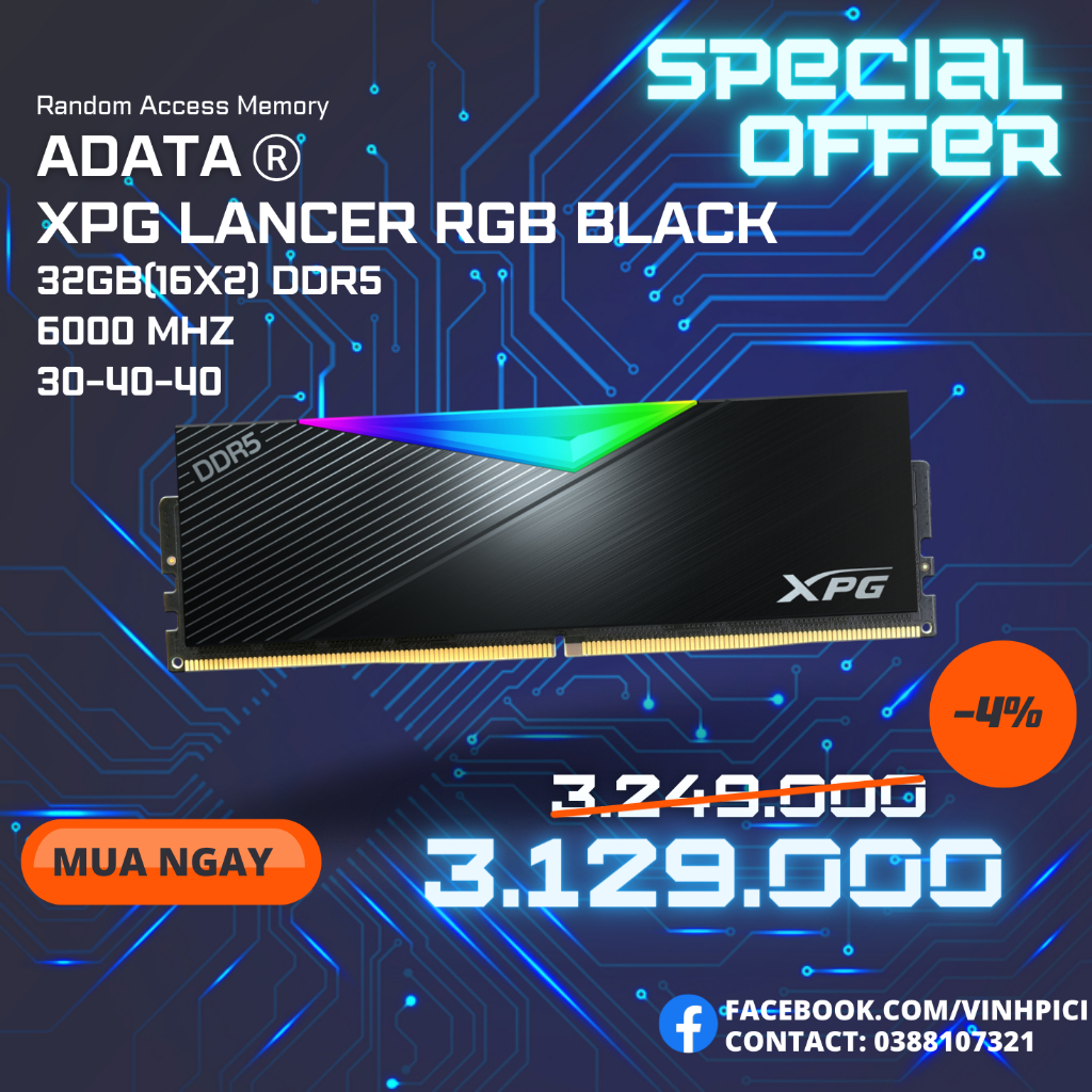 Ram ADATA LANCER DDR5 32GB(16x2) 6000Mhz BLACK RGB AX5U6000C3016G-DCLARBK [NEW]
