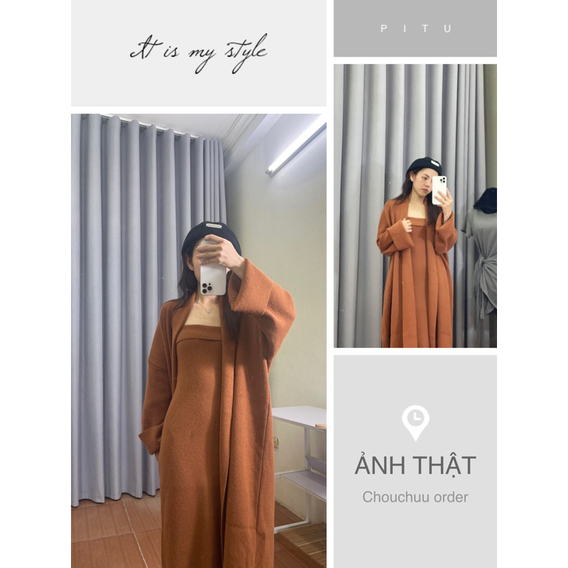 CHOUCHUU Áo khoác cardigan dáng dài và váy ống len màu đỏ sang trọng quý phái