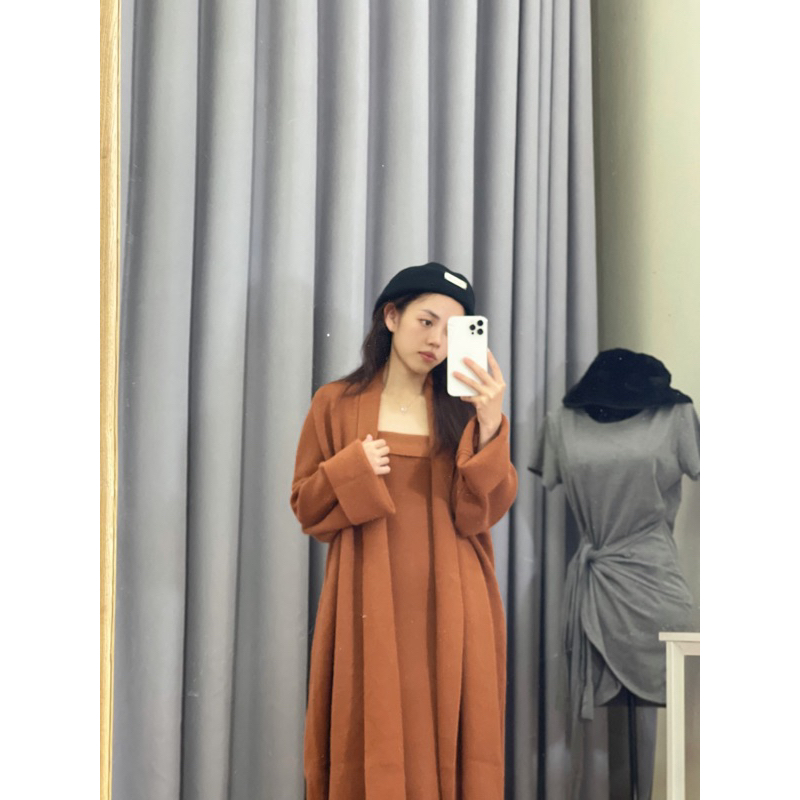 CHOUCHUU Áo khoác cardigan dáng dài và váy ống len màu đỏ sang trọng quý phái