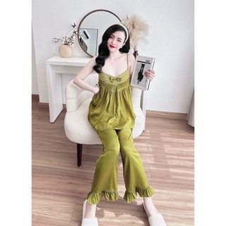 Đồ ngủ lụa 2 dây, đồ bộ mặc nhà quần dài lụa gấm xướt áo ngủ xếp 5 li có nơ giữa