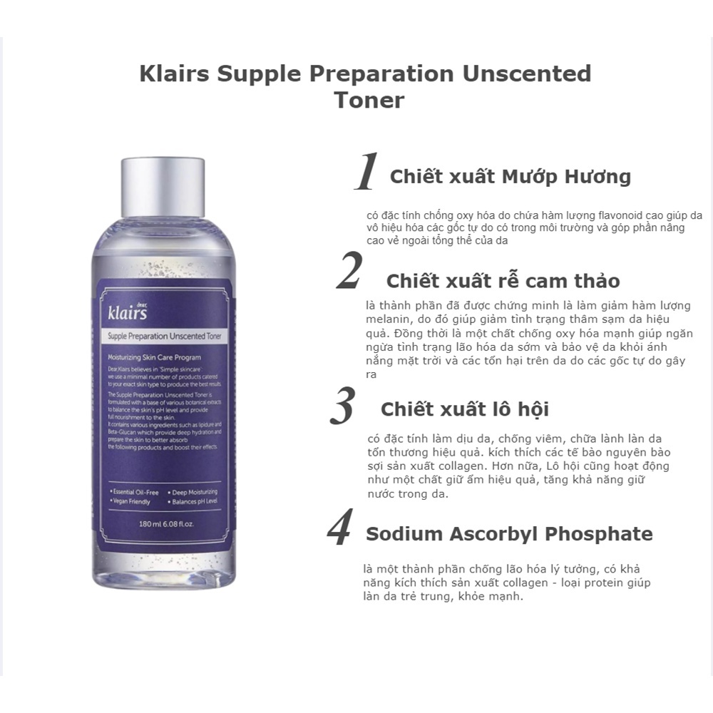 Nước hoa hồng không mùi dưỡng ẩm cho da nhạy cảm, làm mềm da Dear, Klairs Supple Preparation Unscented Toner 180ml