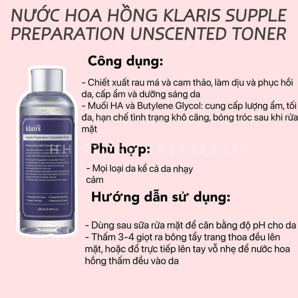 Nước hoa hồng không mùi dưỡng ẩm cho da nhạy cảm, làm mềm da Dear, Klairs Supple Preparation Unscented Toner 180ml