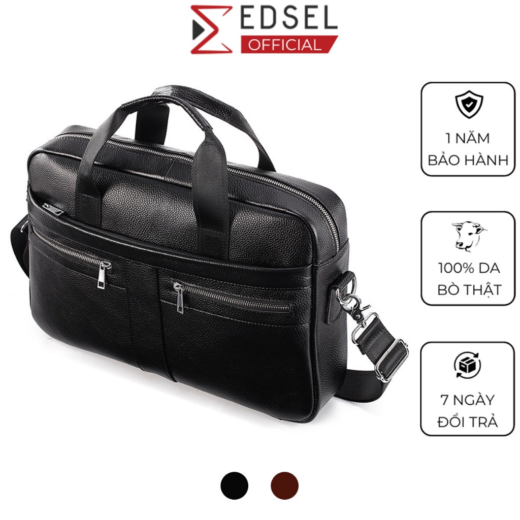 Túi xách nam công sở đựng laptop 14 inch da bò thật cao cấp Edsel đeo chéo, vai cỡ lớn đi làm, du lịch màu đen nâu