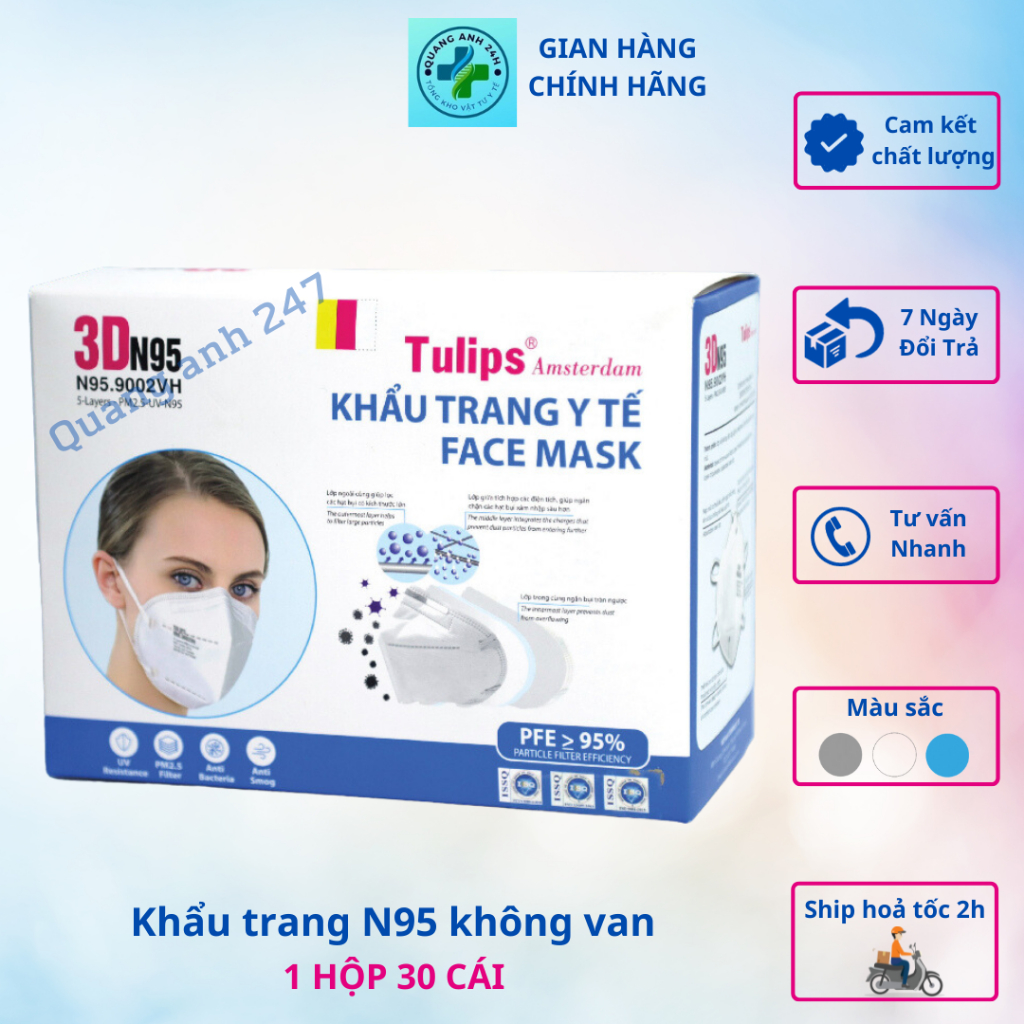 Khẩu trang N95 Không Van Tulips, Hộp 30 cái khẩu trang N95 chống tia UV, chống bụi, chống nắng, kháng khuẩn