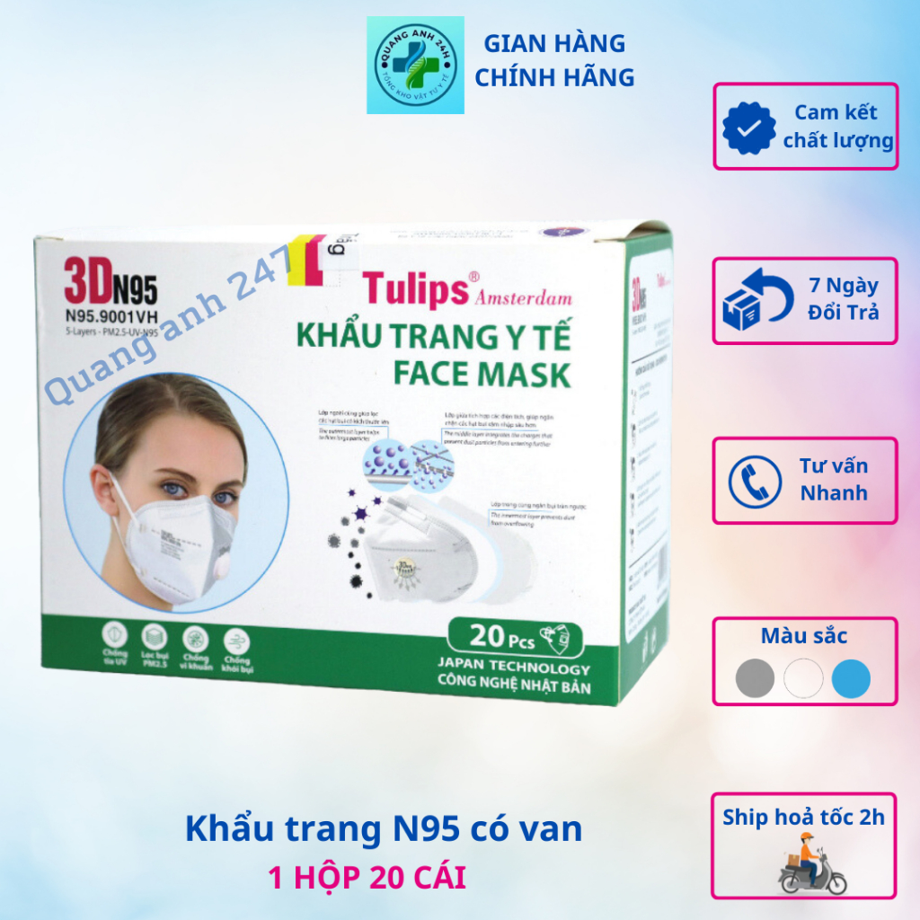 Khẩu trang 3D N95 có Van Tulips, Hộp 20 cái Khẩu trang 3D N95 chống nắng, chống tia UV, chống bụi, kháng khuẩn