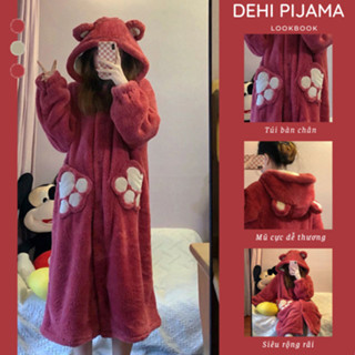 [Sẵn] Váy Ngủ Bông Bộ Đồ Ngủ Ulzzang Gấu Hồng LOTSO Cute Dễ Thương Áo choàng lông 2 mặt mềm mại mũ 2 lớp dày dặn ấm áp