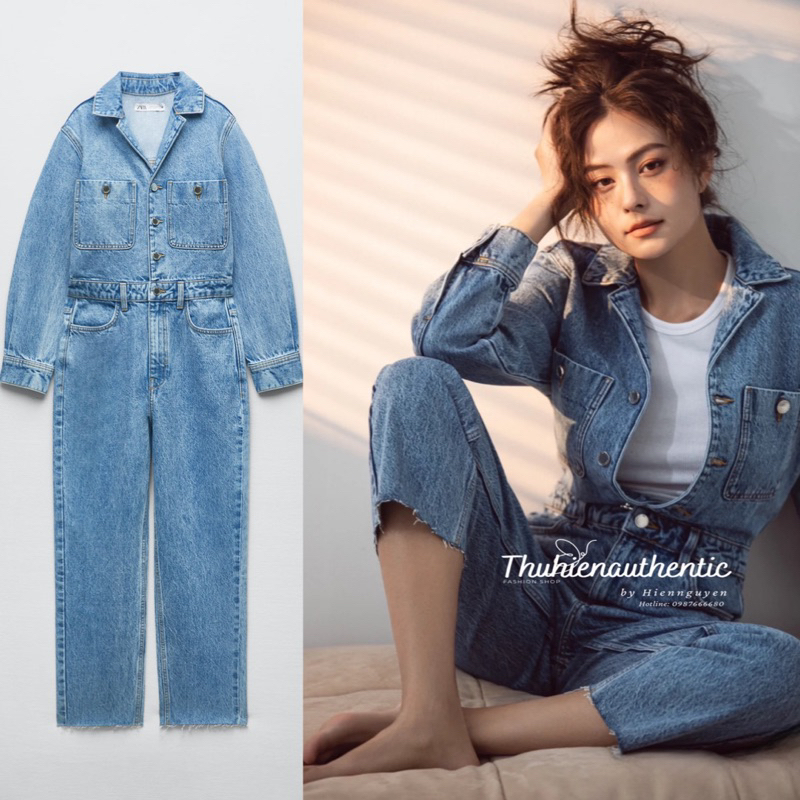 Jumpsuit jean xanh sáng không gấu dài tay túi ngực mã code: 0108/026/427 ZARA chính hãng(kèm ảnh thật)