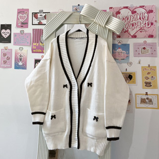 [ ẢNH THẬT ] ÁO CARDIGAN TRẮNG VIỀN NƠ ĐEN CHẤT LEN DỆT KIM FORM OVERSIZE