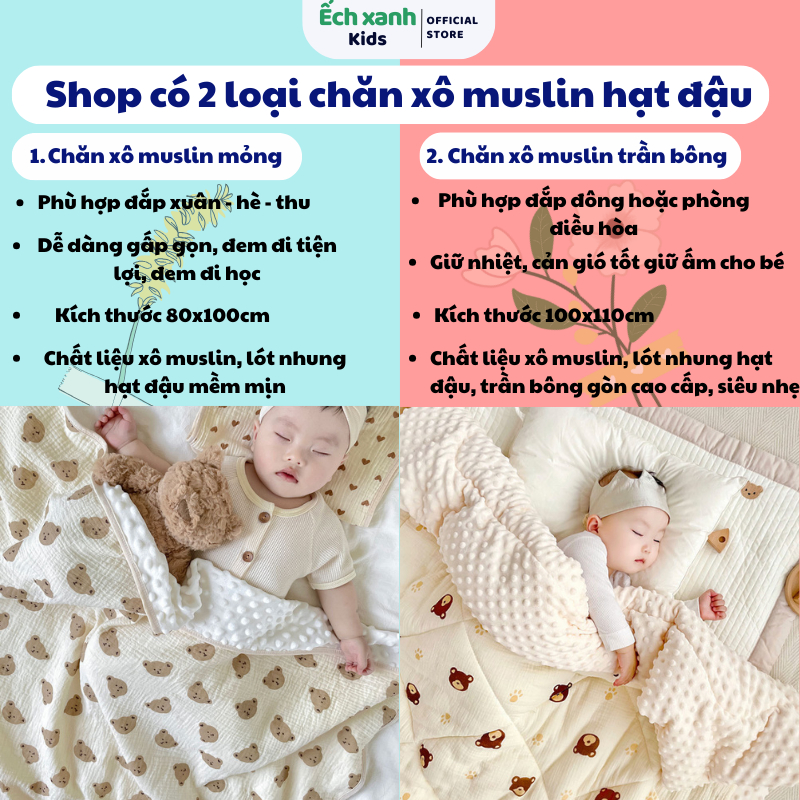 Chăn xô hạt đậu mền cho bé 80*100cm chăn cho bé đi học chăn xô 6 lớp Ếch xanh kids