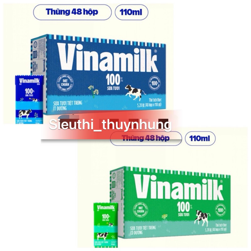 Thùng 48 Hộp x 110ml Sữa Tươi Có  Đường - Ít Đường Vinamilk 100%