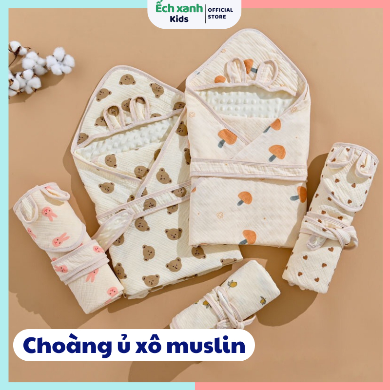 Ủ xô muslin hạt đậu 90*90cm choàng ủ cho bé sơ sinh mùa đông choàng ủ xô muslin 4 lớp ủ xô sơ sinh Êch xanh kids
