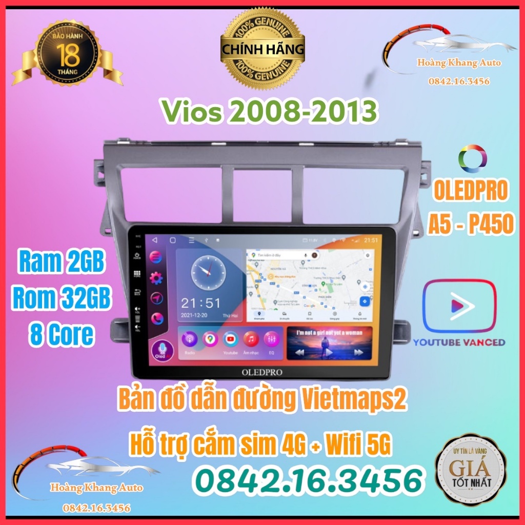 Màn Hình Android OLEDPRO A5 _ P450 theo xe VIOS 2008_2013 kèm dưỡng 9 inch và jack nguồn zin theo xe