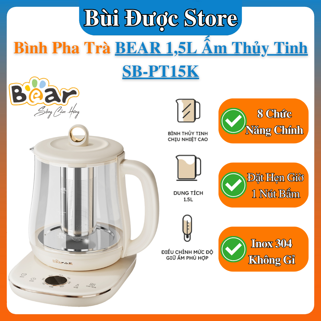 Bình Pha Trà Giữ Nhiệt BEAR SB-PT15K, 1000W, Inox304 Chống Rỉ, Ấm Thủy Tinh Chịu Nhiệt Tốt, An Toàn Chống Cháy Nổ